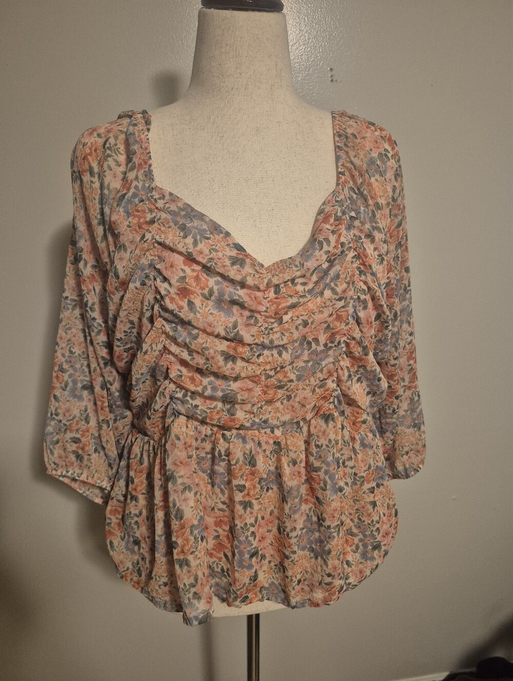 American Eagle Lined Ruched Floral Ruffled Peasant Blouse - Pink BLUE Multi XXL